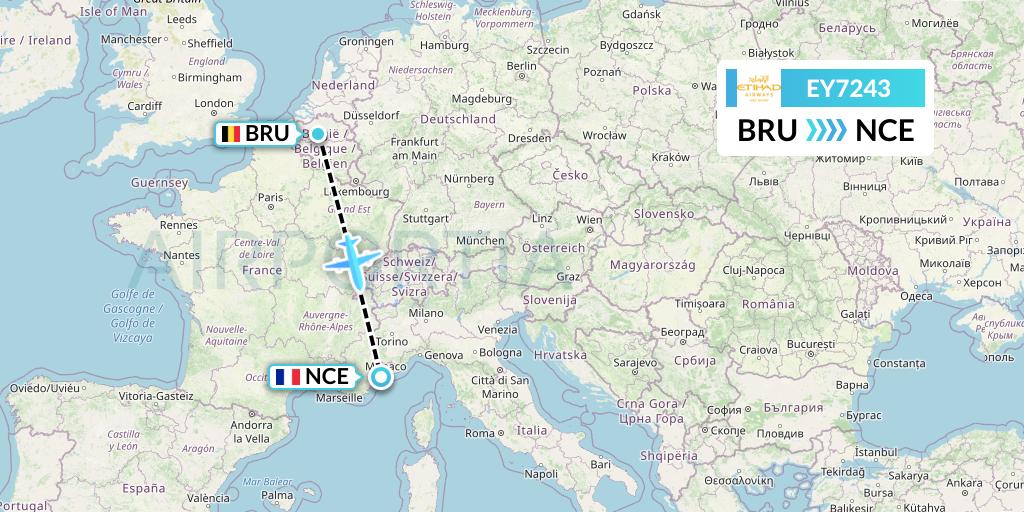 EY7243 Etihad Airways Flight Map: Brussels to Nice