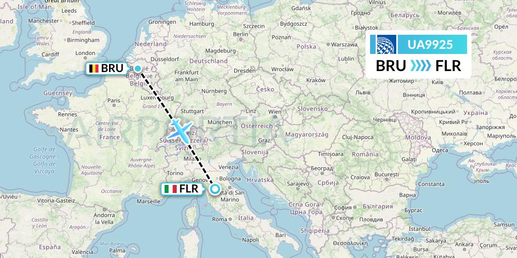 UA9925 United Airlines Flight Map: Brussels to Florence