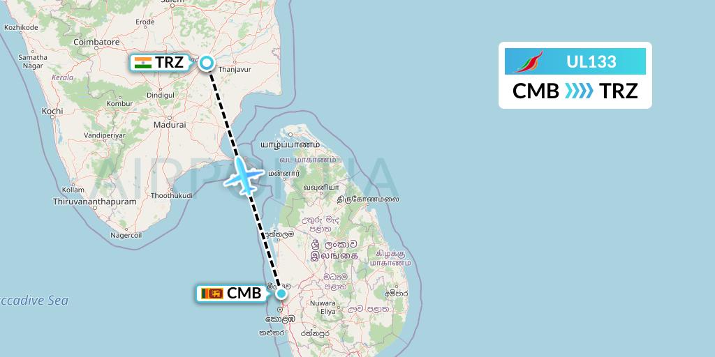 UL133 SriLankan Airlines Flight Map: Colombo to Tiruchirapalli