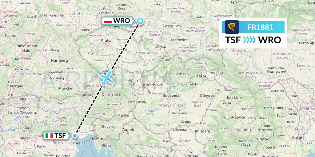 FR1881 Ryanair Flight Map: Treviso to Wroclaw