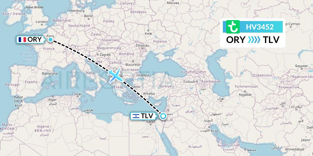 HV3452 Transavia Flight Map: Paris to Tel Aviv