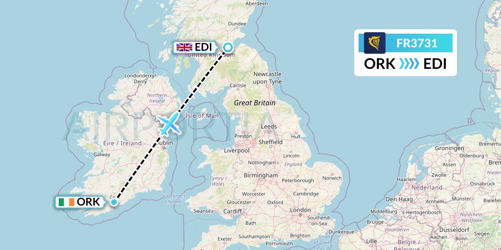 FR3731 Ryanair Flight Map: Cork to Edinburgh