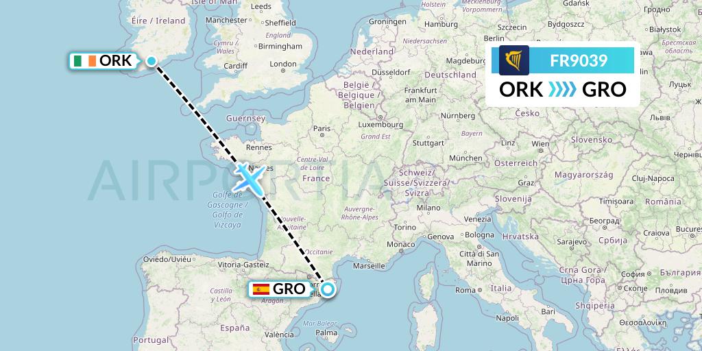 FR9039 Ryanair Flight Map: Cork to Girona