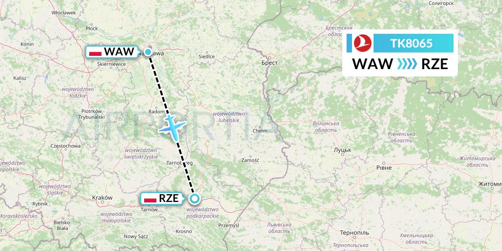TK8065 Turkish Airlines Flight Map: Warsaw to Rzeszow