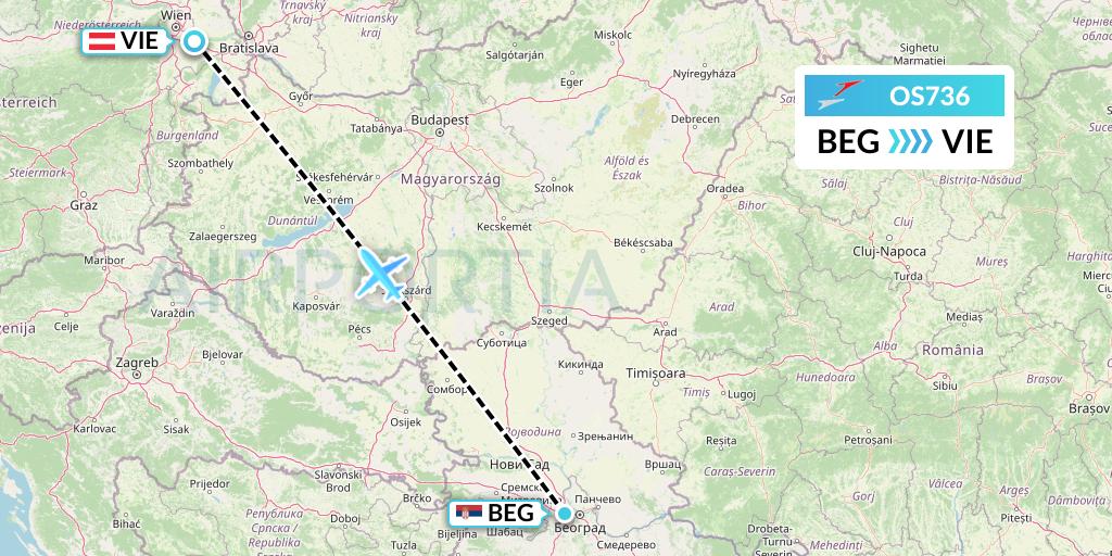 OS736 Austrian Airlines Flight Map: Belgrade to Vienna