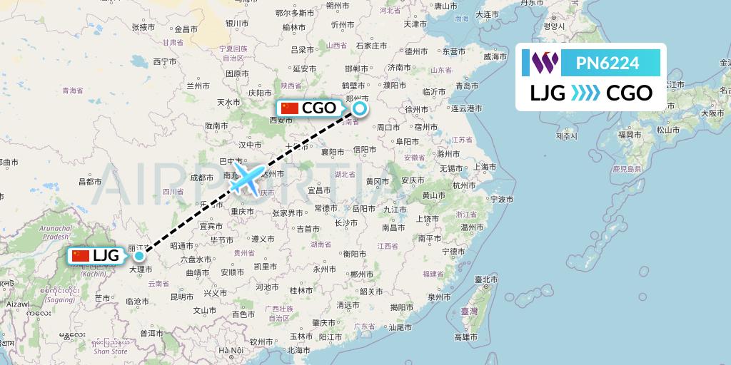 PN6224 China West Air Flight Map: Lijiang to Zhengzhou