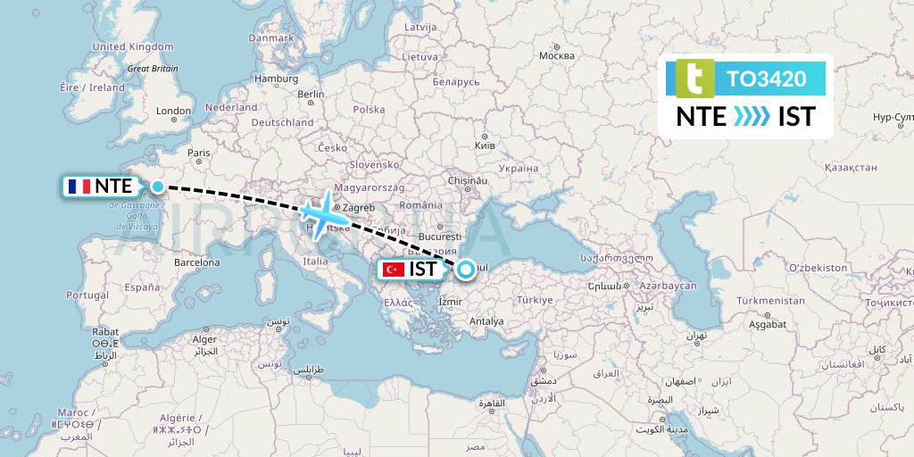 TO3420 Transavia France Flight Map: Nantes to Istanbul