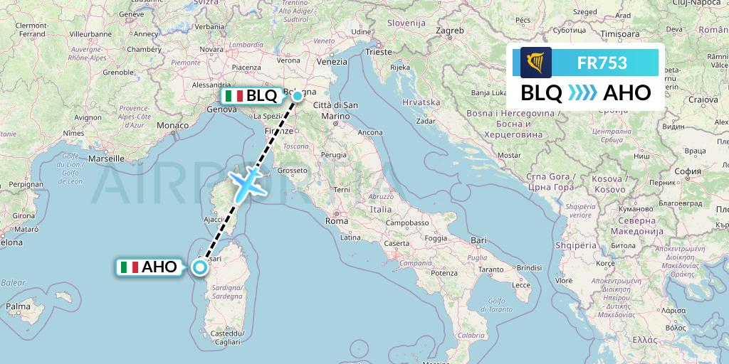 FR753 Ryanair Flight Map: Bologna to Alghero