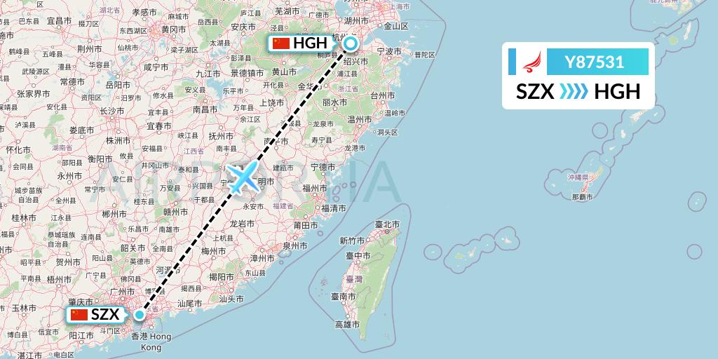 Y87531 Yangtze River Express Flight Map: Shenzhen to Hangzhou