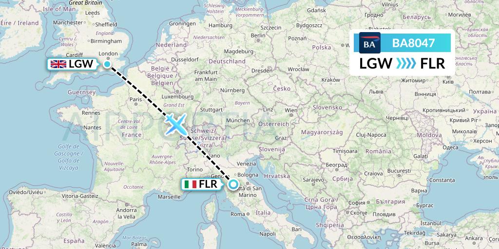 BA8047 British Airways Flight Map: London to Florence