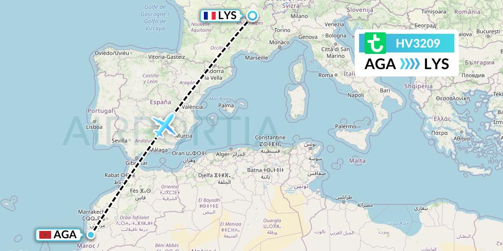 HV3209 Transavia Flight Map: Agadir to Lyon