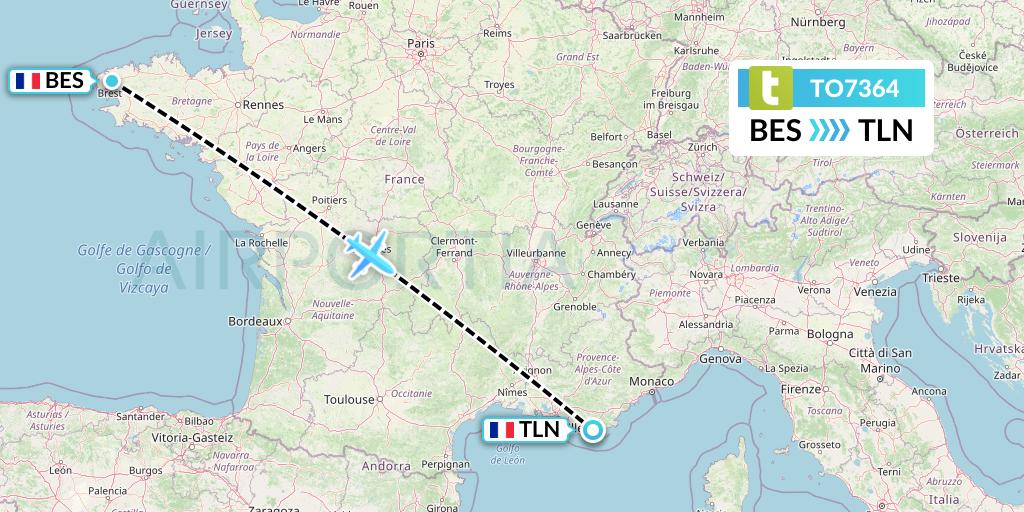 TO7364 Transavia France Flight Map: Brest to Toulon