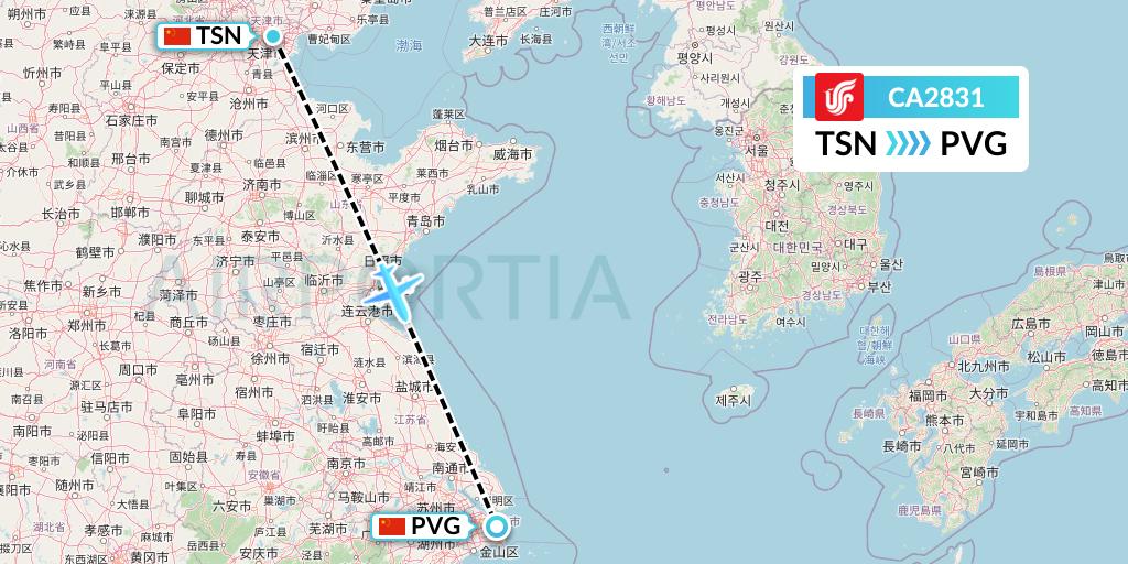 CA2831 Air China Flight Map: Tianjin to Shanghai