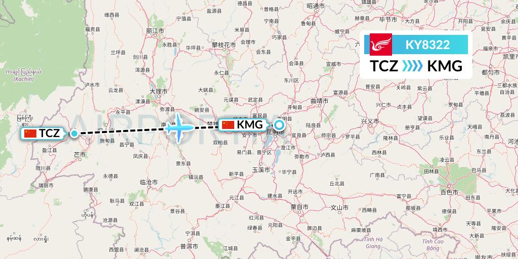 KY8322 Kunming Airlines Flight Map: Tengchong to Kunming