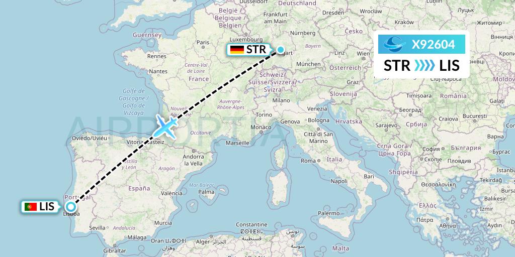 X92604 Avion Express Flight Map: Stuttgart to Lisbon