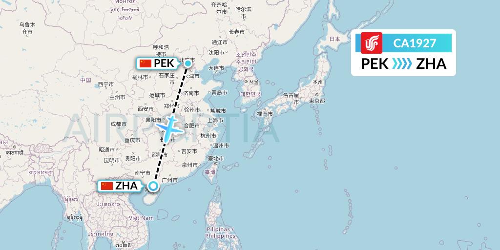 CA1927 Air China Flight Map: Beijing to Zhanjiang
