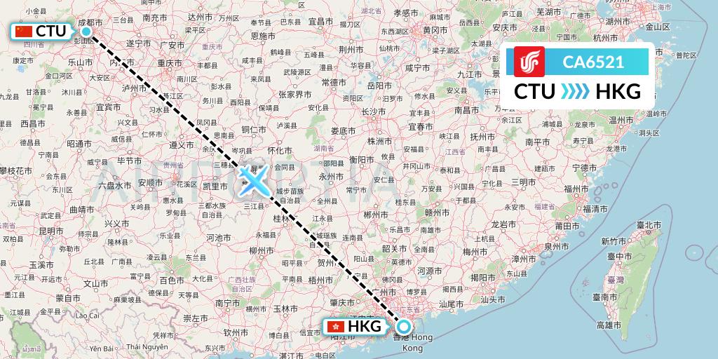 CA6521 Air China Flight Map: Chengdu to Hong Kong