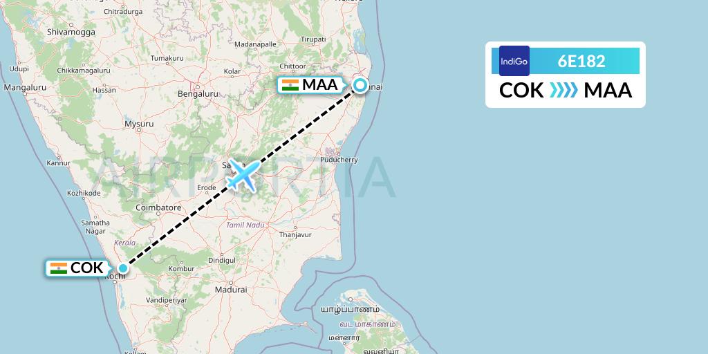 6E182 IndiGo Airlines Flight Map: Cochin to Chennai