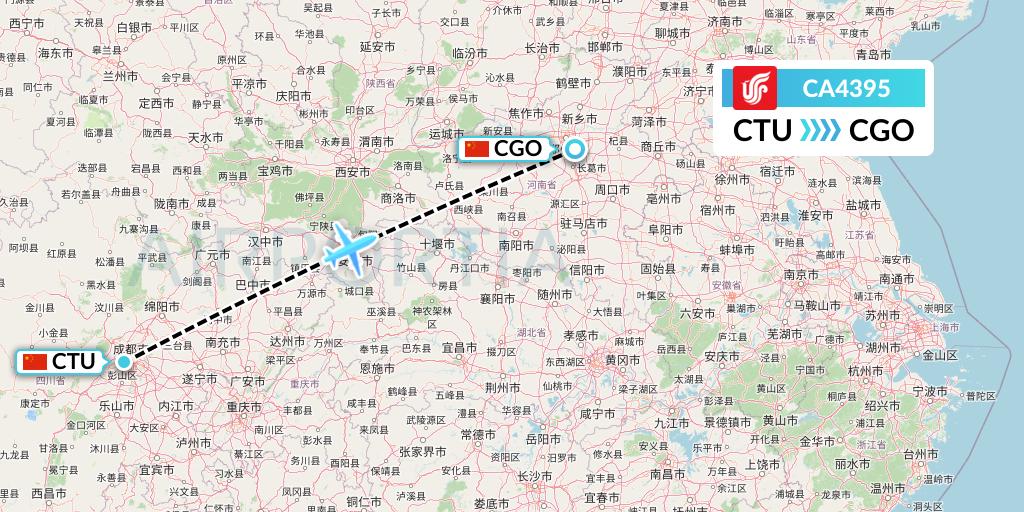 CA4395 Air China Flight Map: Chengdu to Zhengzhou