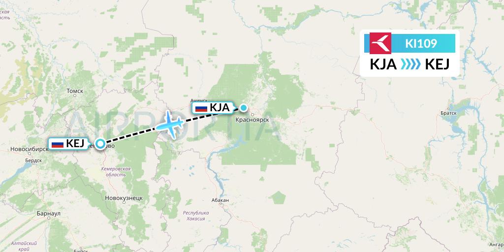 KI109 Krasavia Flight Map: Krasnoyarsk to Kemerovo