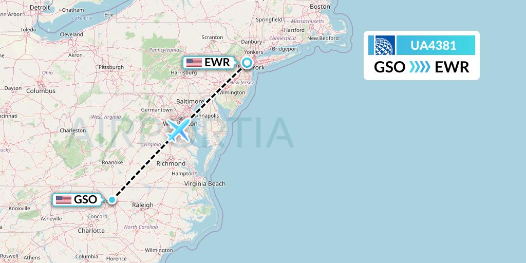 UA4381 United Airlines Flight Map: Greensboro to New York