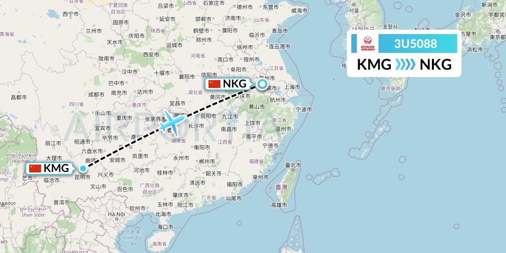 3U5088 Sichuan Airlines Flight Map: Kunming to Nanjing