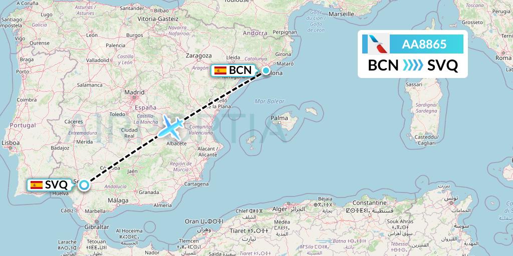 AA8865 American Airlines Flight Map: Barcelona to Seville