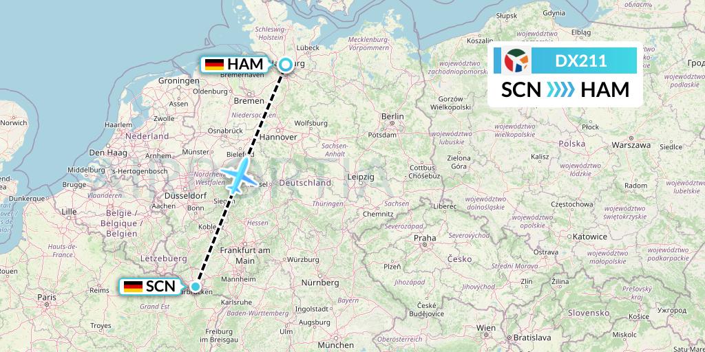 DX211 Danish Air Transport Flight Map: Saarbrucken to Hamburg
