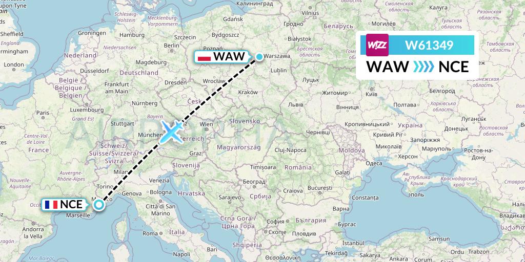 W61349 Wizz Air Flight Map: Warsaw to Nice