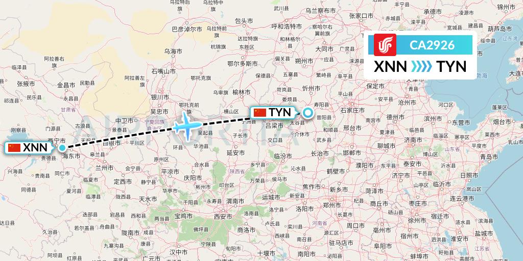 CA2926 Air China Flight Map: Xining to Taiyuan