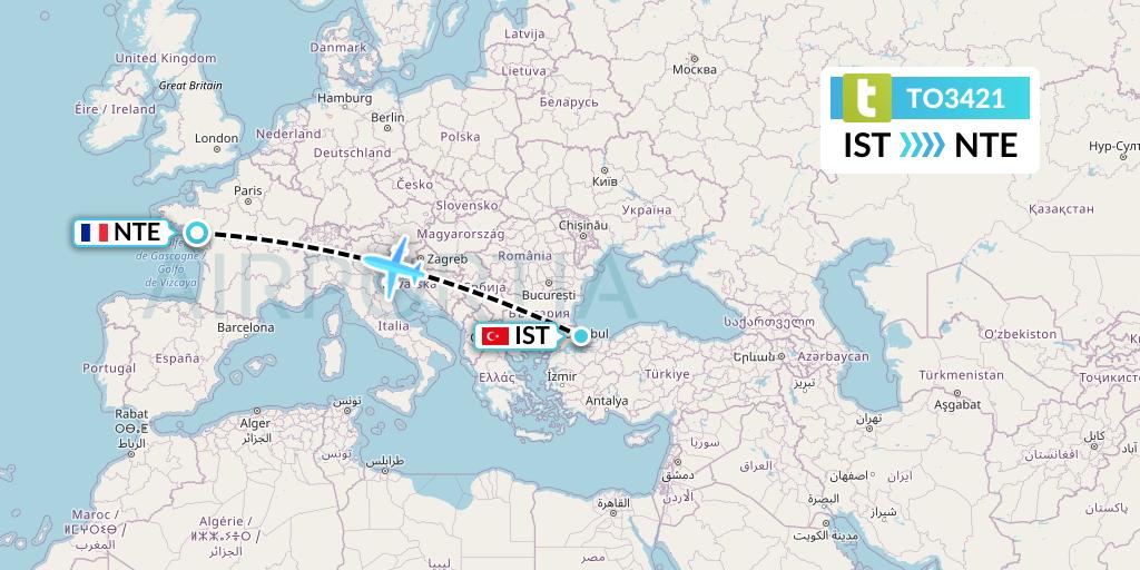 TO3421 Transavia France Flight Map: Istanbul to Nantes