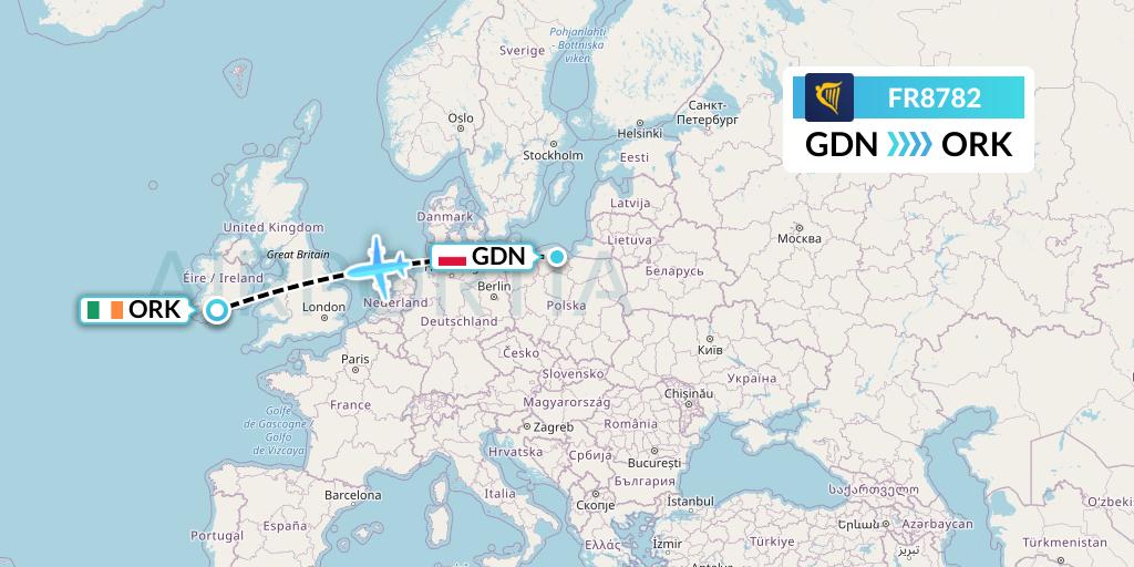 FR8782 Ryanair Flight Map: Gdansk to Cork
