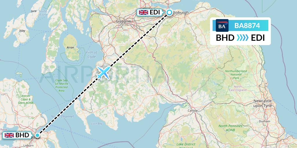 BA8874 British Airways Flight Map: Belfast to Edinburgh