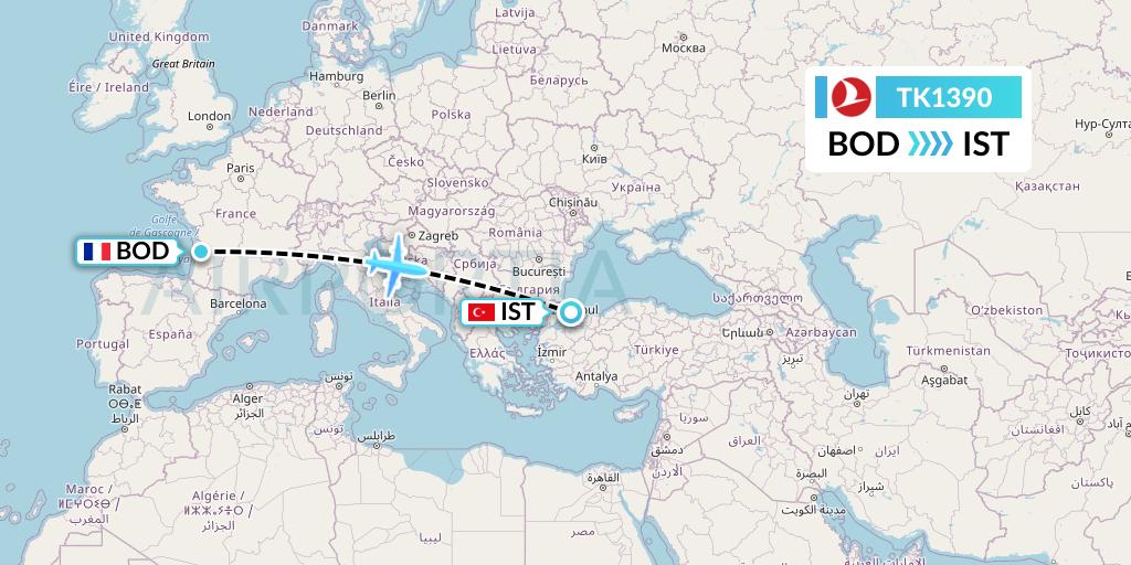 TK1390 Turkish Airlines Flight Map: Bordeaux to Istanbul