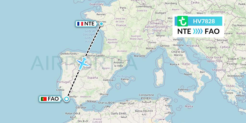 HV7828 Transavia Flight Map: Nantes to Faro