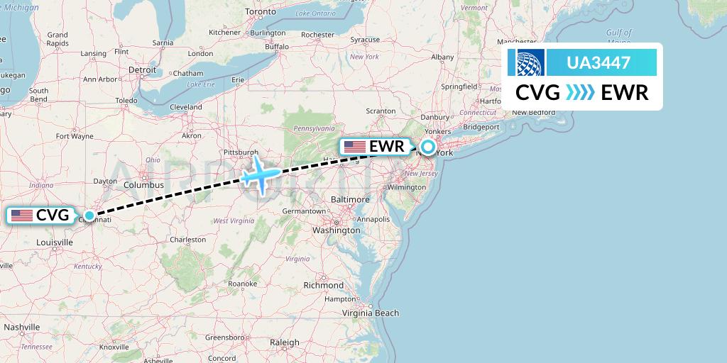 UA3447 United Airlines Flight Map: Cincinnati to New York