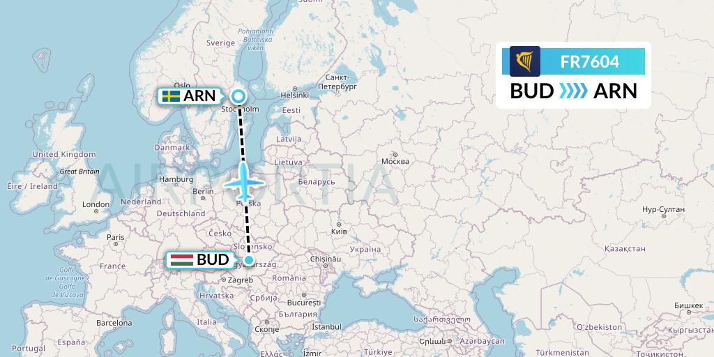 FR7604 Ryanair Flight Map: Budapest to Stockholm