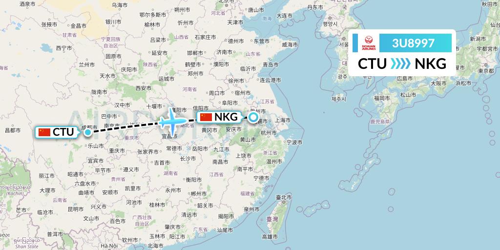 3U8997 Sichuan Airlines Flight Map: Chengdu to Nanjing