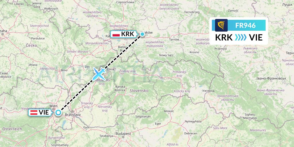 FR946 Ryanair Flight Map: Krakow to Vienna