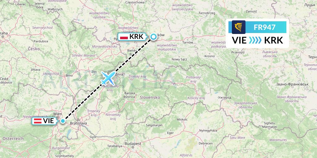 FR947 Ryanair Flight Map: Vienna to Krakow