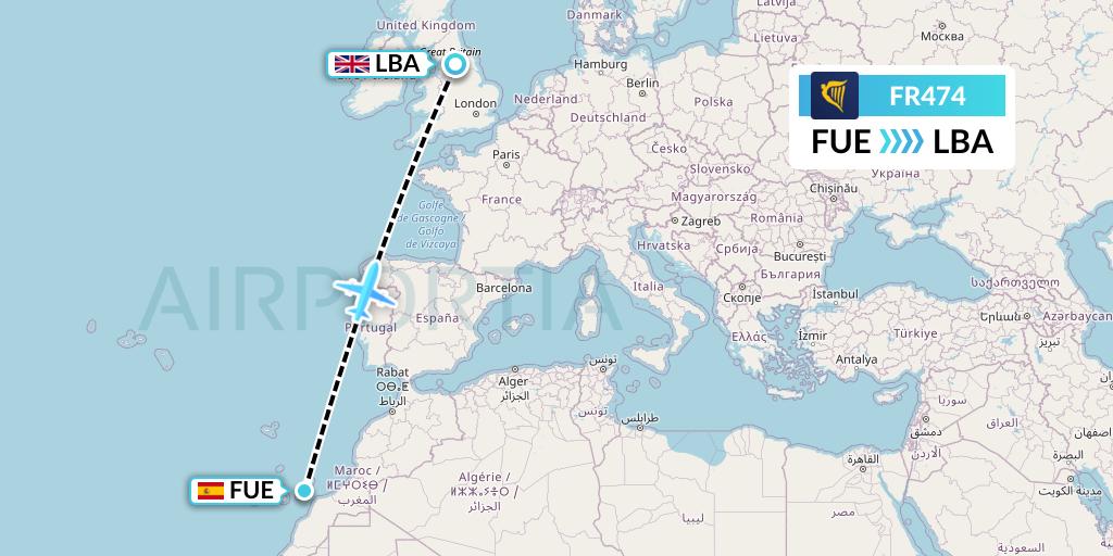 FR474 Ryanair Flight Map: Fuerteventura to Leeds