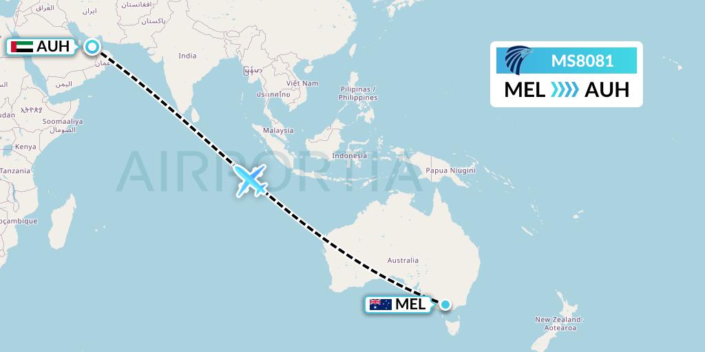 MS8081 EgyptAir Flight Map: Melbourne to Abu Dhabi