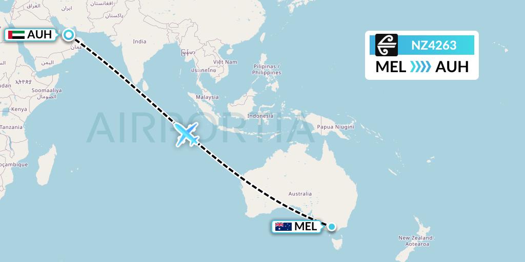 NZ4263 Air New Zealand Flight Map: Melbourne to Abu Dhabi