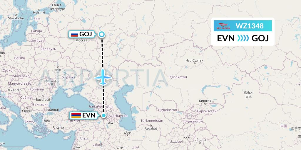 WZ1348 Red Wings Flight Map: Yerevan to Nizhny Novgorod