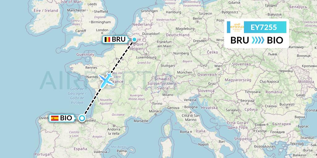 EY7255 Etihad Airways Flight Map: Brussels to Bilbao
