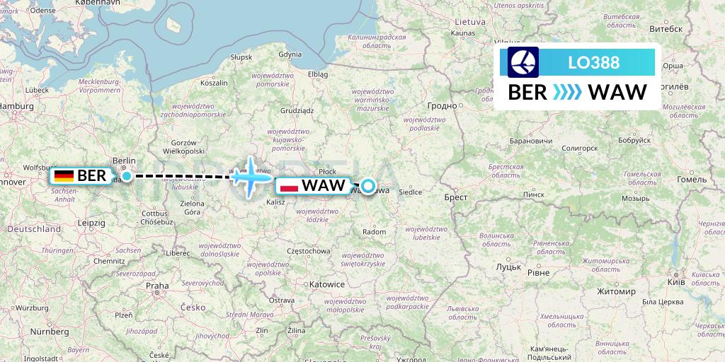 LO388 LOT Flight Map: Berlin to Warsaw