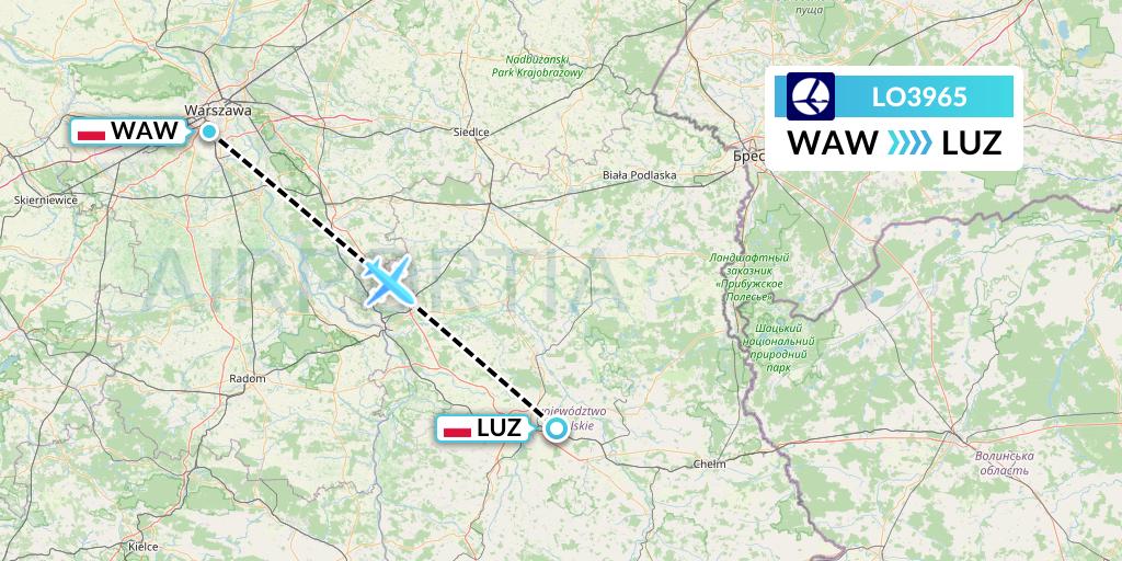 LO3965 LOT Flight Map: Warsaw to Lublin
