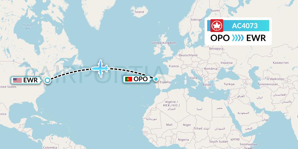 AC4073 Air Canada Flight Map: Porto to New York