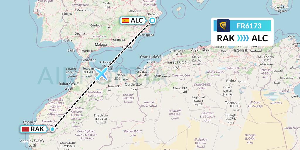 FR6173 Ryanair Flight Map: Marrakesh to Alicante