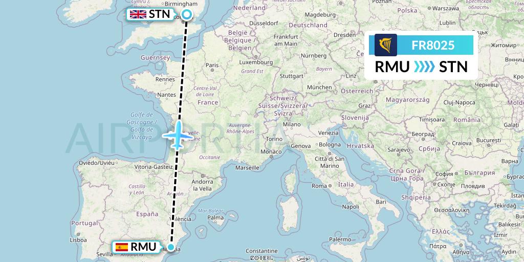 FR8025 Ryanair Flight Map: Murcia to London